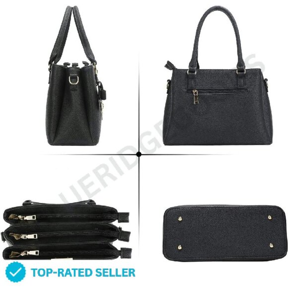 Top Handle Satchel Shoulder Bag 3 Zippered Compartments Minimal Chic Elegant - Picture 4 of 4